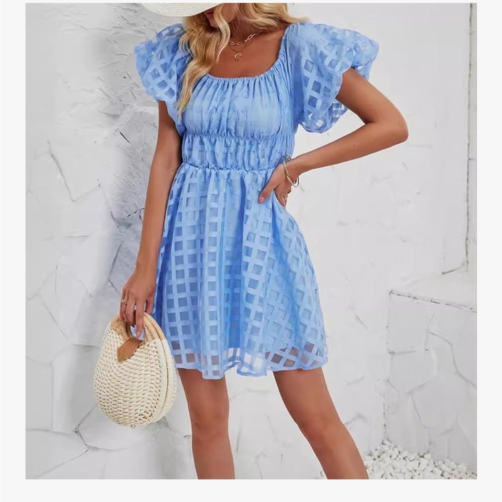 PrettyGarden Baby Blue Pastel Blue Smocked Puff Sleeve Dress Waffle Check EUC M